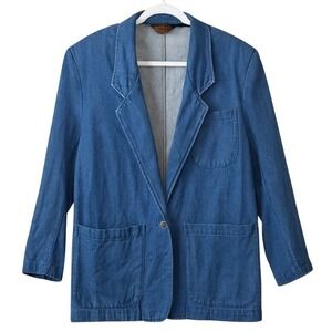 Eddie Bauer Denim Jacket Blue Vintage 80s Relaxed Oversized Blazer Size Medium
